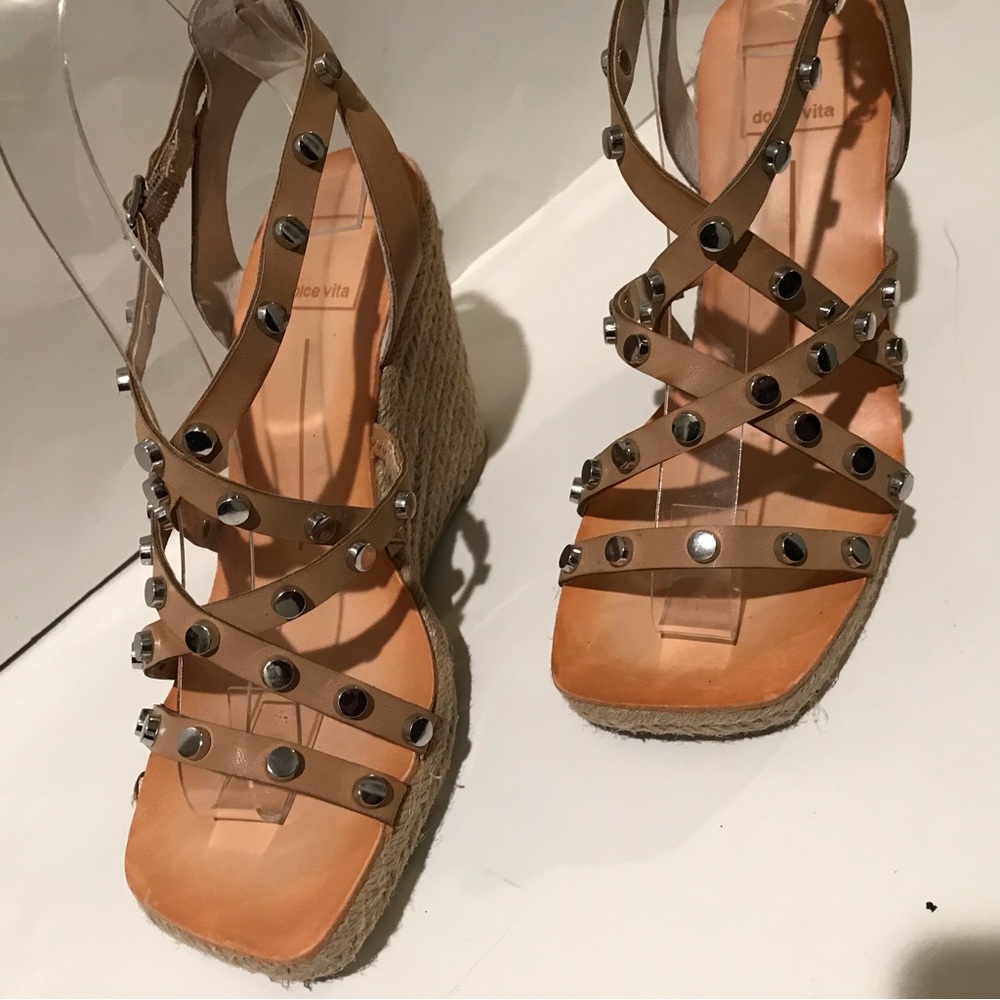 Dolce Vita Maxton Tan Espadrille Strappy Studded Square Toe Wedge Sandals 6 1/2 - Picture 4 of 15